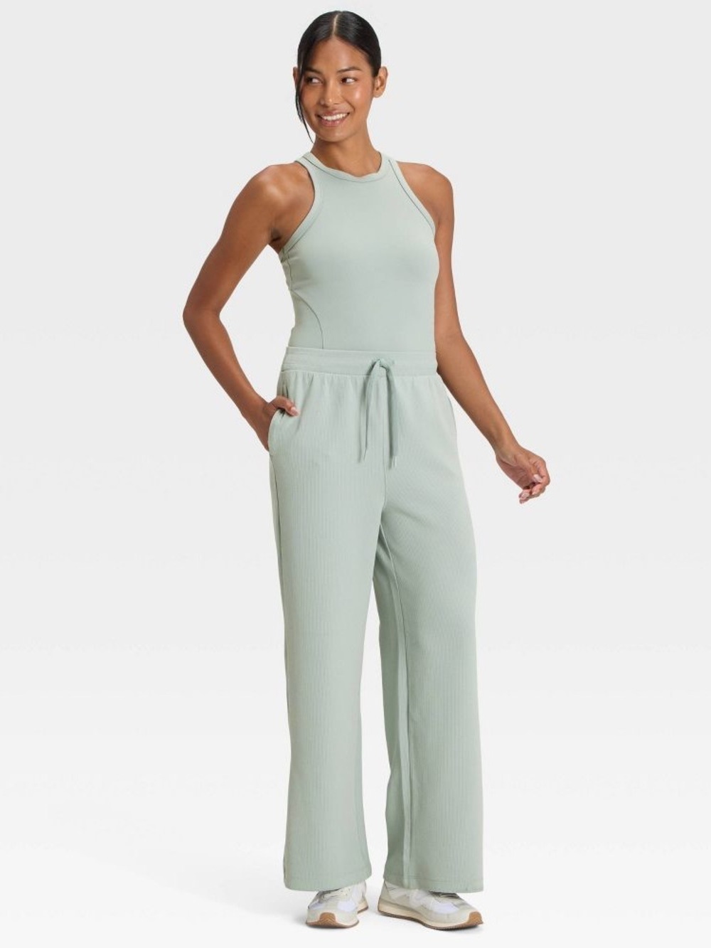 All In Motion Airy Sleek Ribbed Wide Leg Sweatpants Sage Green Large NWT - Picture 3 of 4